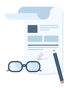 A isolated illustration of a contract, glasses, and a pencil