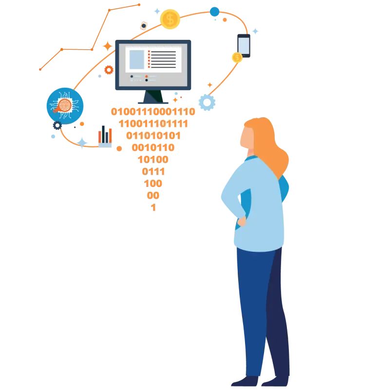 Uma ilustração de uma mulher olhando para um computador com itens digitais orbitando ao seu redor
