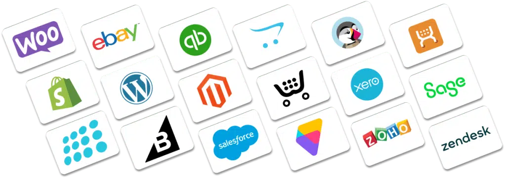 Rows of software and app logos including WOO, ebay, and more